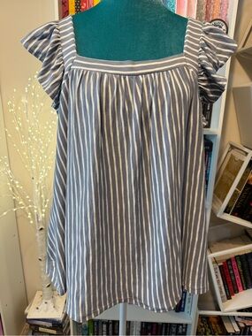 Lauren Conrad Blue and White Striped Square Neck Ruffle Sleeve Top